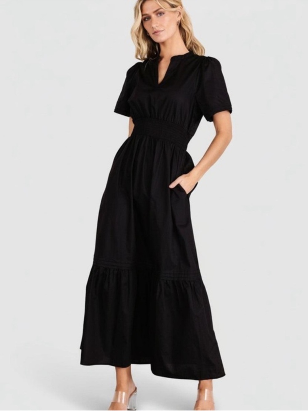 Baltic Born Vera Midi Dress Black 100% Cotton Smocked Waist Size M